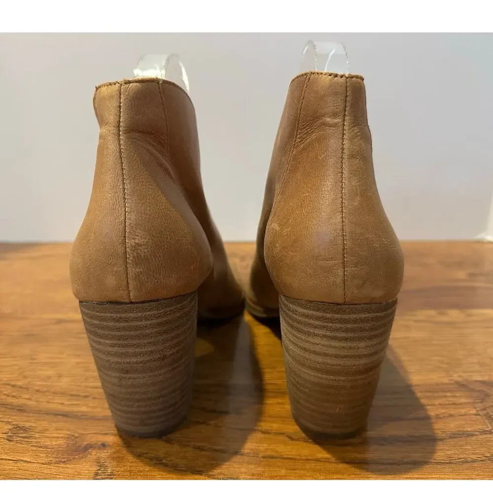 Lucky Brand Joal Peep Toe Leather Booties Women’s 8.5M Tan Block Heel Shoes